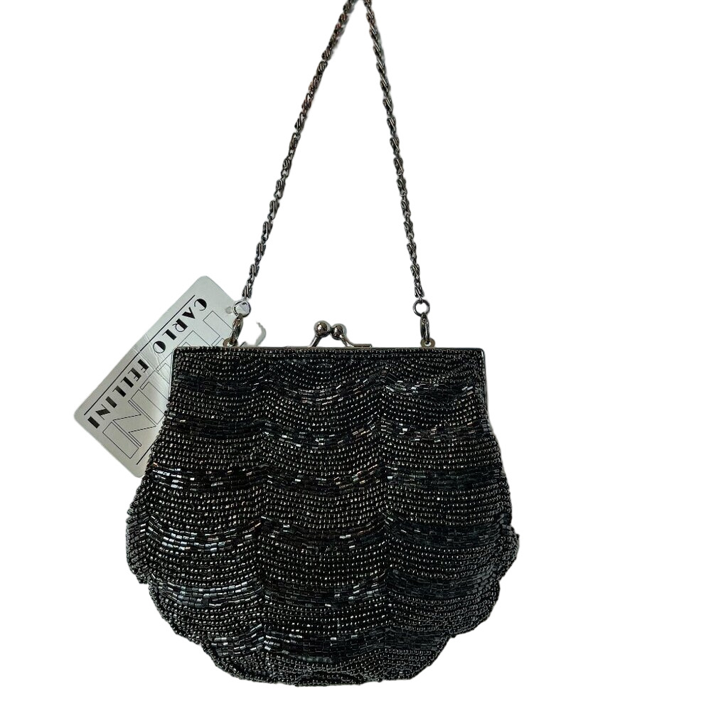 Carlo Fellini Black Formal Evening Bag Detailed Beadwork Clutch w Chain NWT